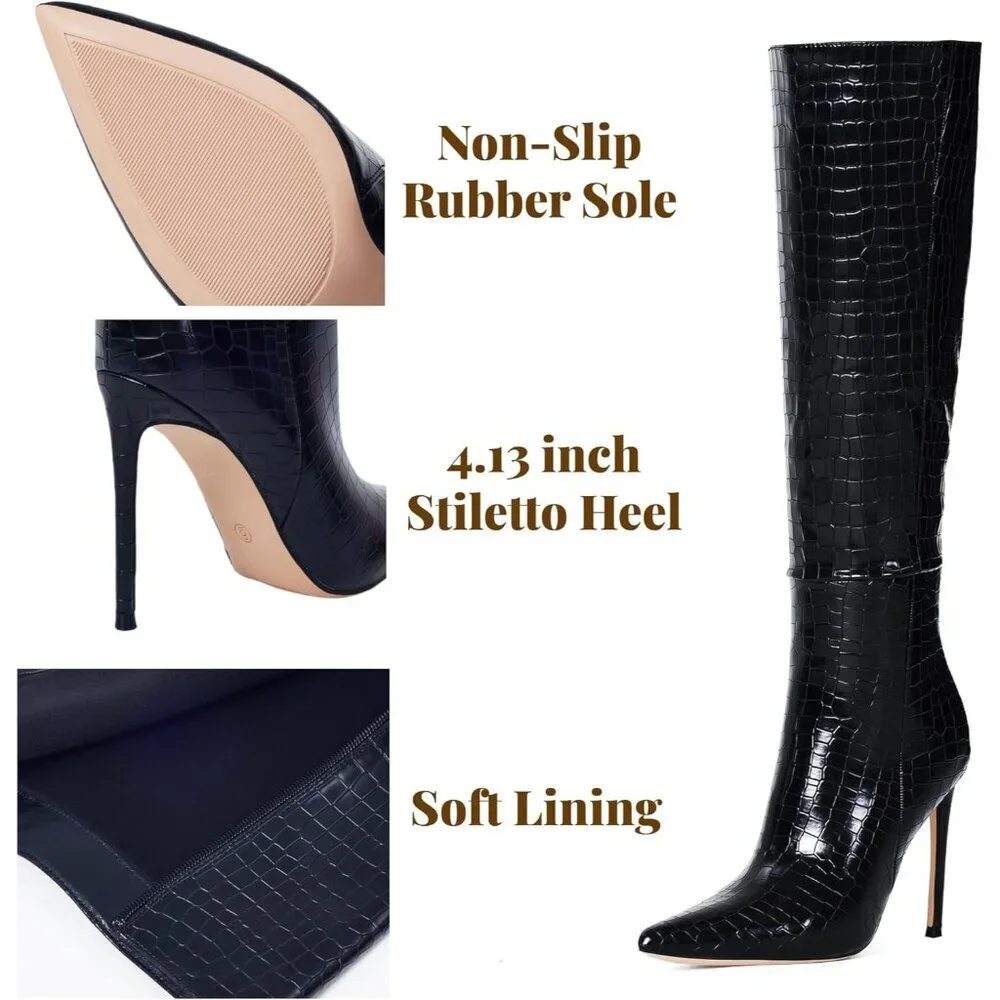 Women's Black Leather Suede Knee High Stiletto Tall Pointed Toe Stylish Boot